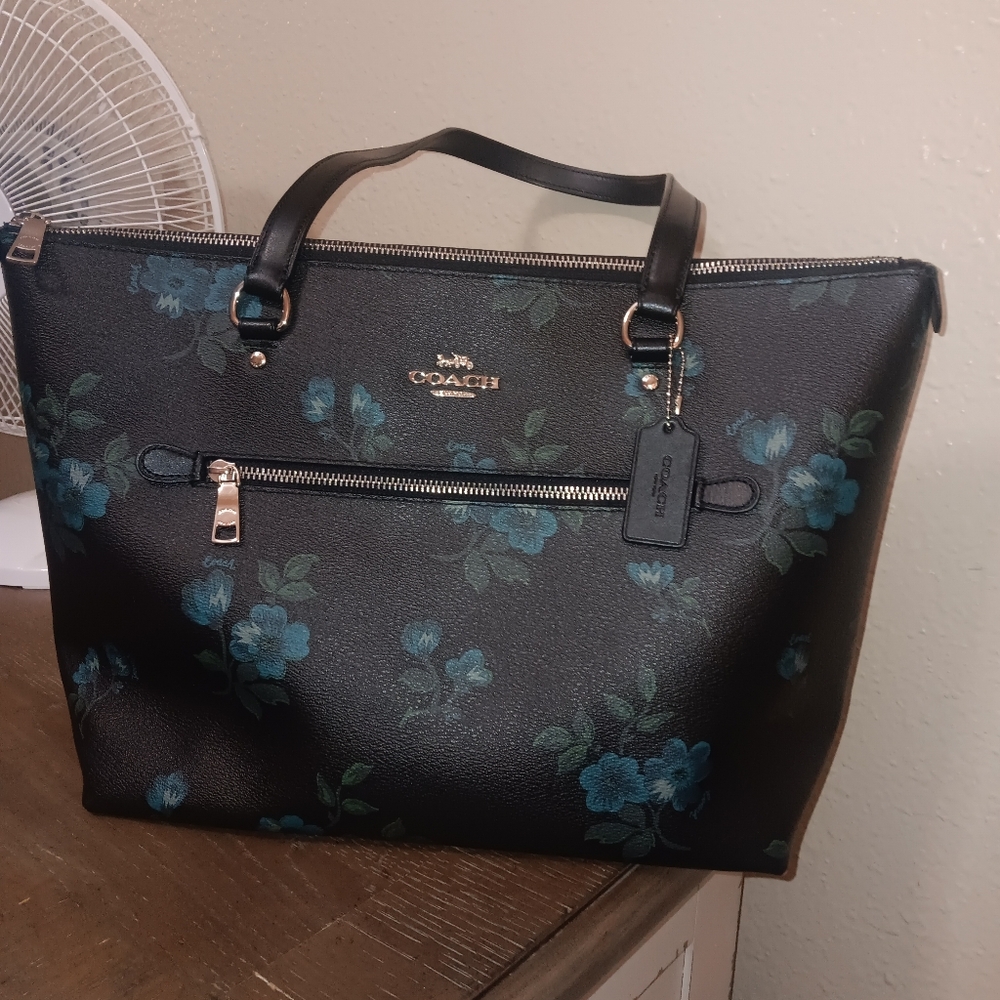 Coach Gallery Tote Black With Blue Floral Print